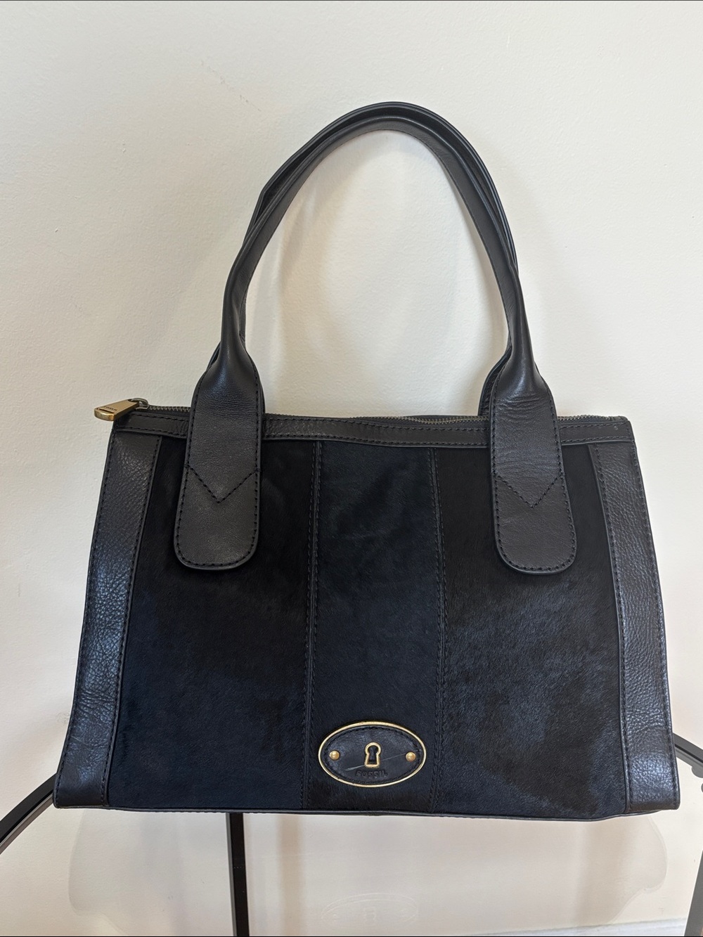Fossil Black Leather & Calf Hair Shoulder Tote with Gold Hardware **flaw on logo